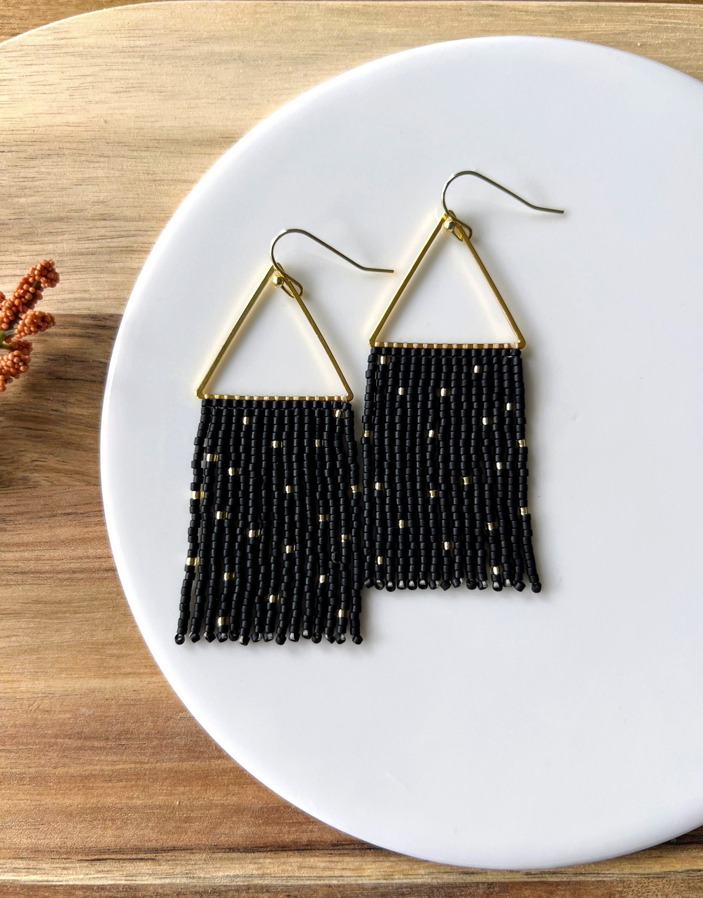 Black and Gold Seed Bead Dangle Fringe Earrings on Gold Plated Triangle ...