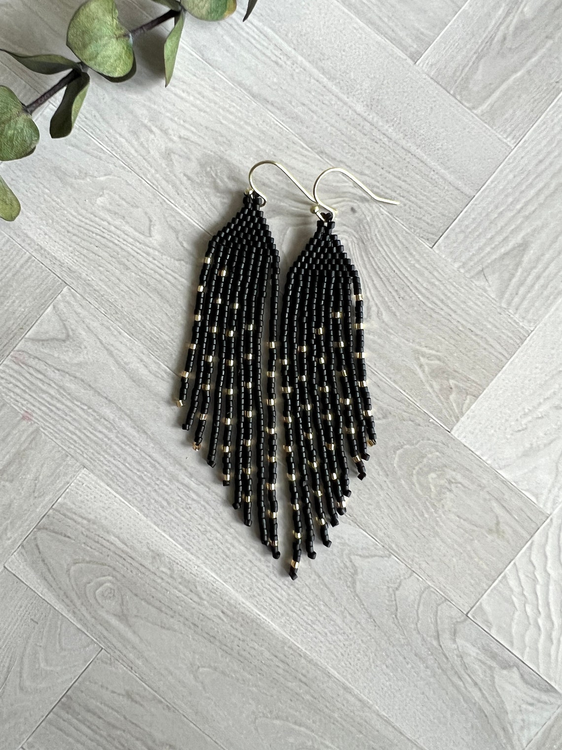 Matte Black and Gold Seed Bead Angled Dangle Fringe Earrings - 9 Cm ...