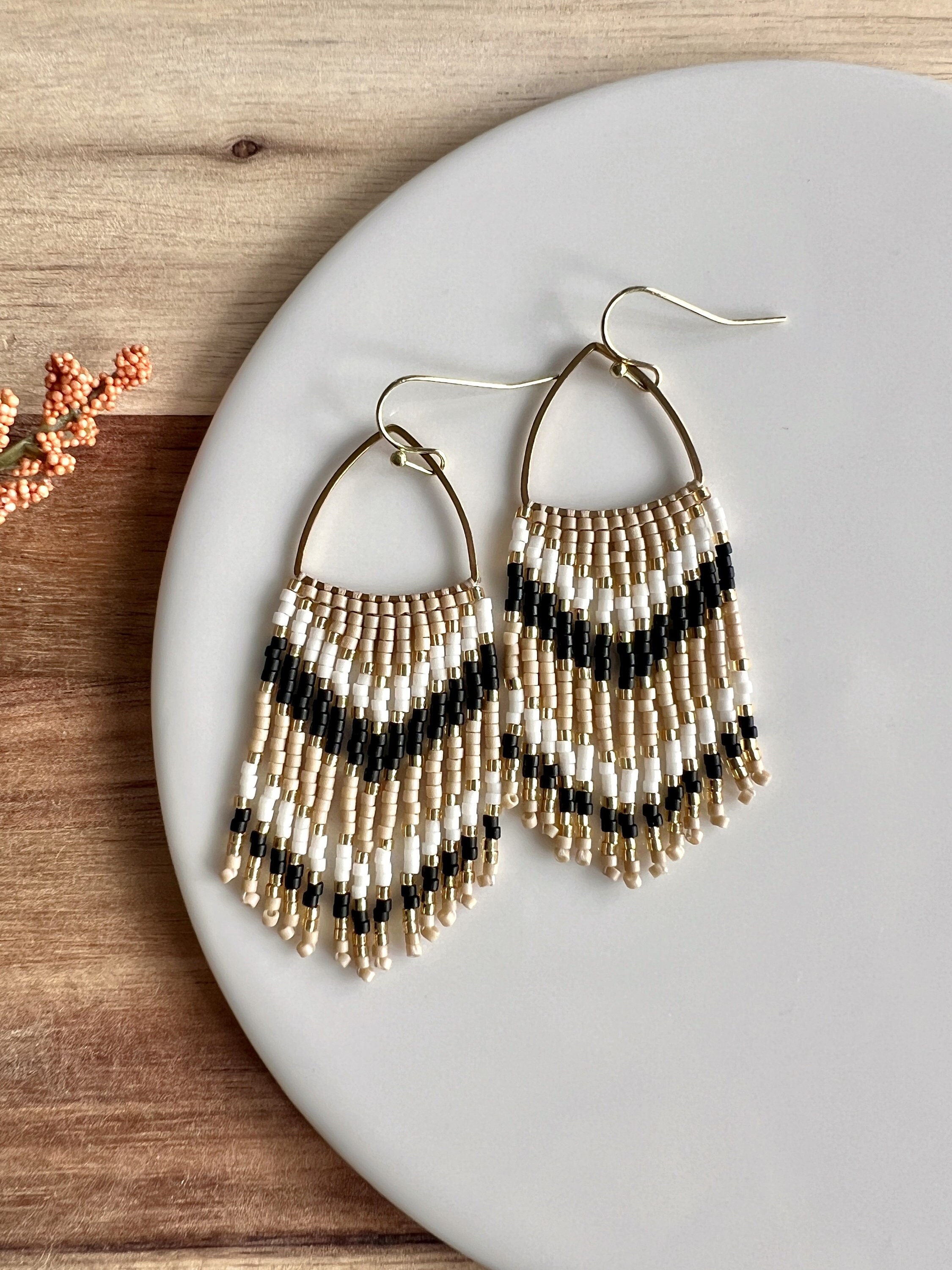 Black, Tan, Cream and Gold Seed Bead Dangle Fringe Earrings on Gold ...
