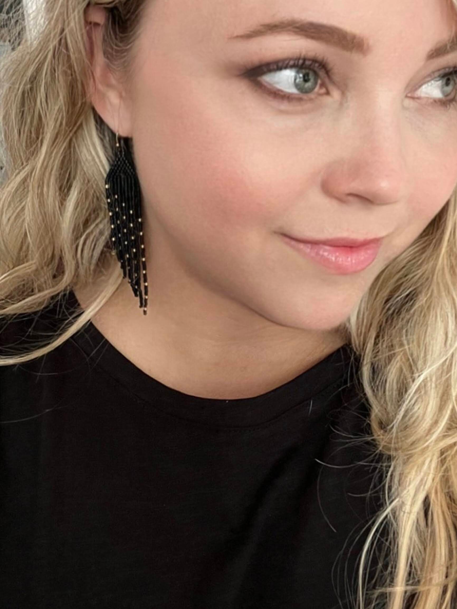 Matte Black and Gold Seed Bead Angled Dangle Fringe Earrings - 9 Cm ...