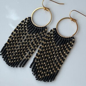 Matte Black and Gold Seed Bead Dangle Fringe Earrings on Gold Plated ...