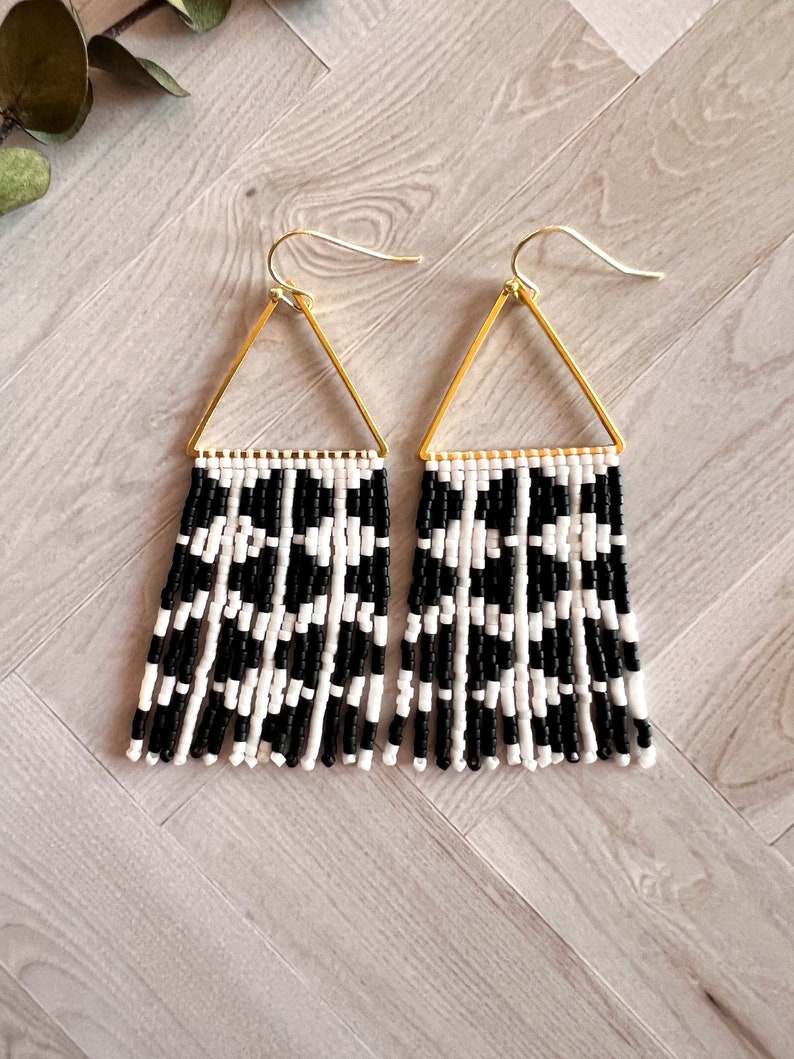Black and White Seed Bead Dangle Fringe Earrings on Gold Plated ...