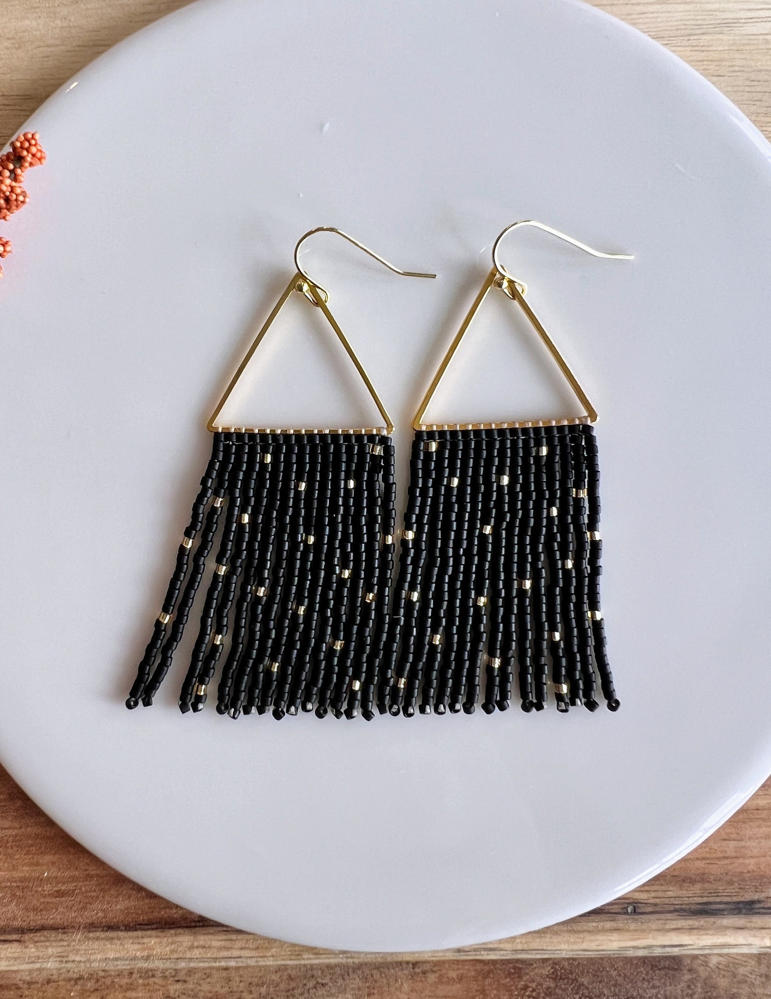 Black and Gold Seed Bead Dangle Fringe Earrings on Gold Plated Triangle ...