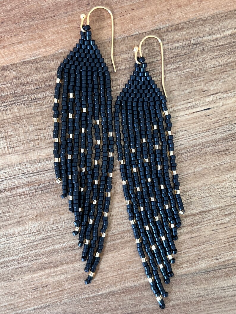 Matte Black and Gold Seed Bead Angled Dangle Fringe Earrings - Etsy