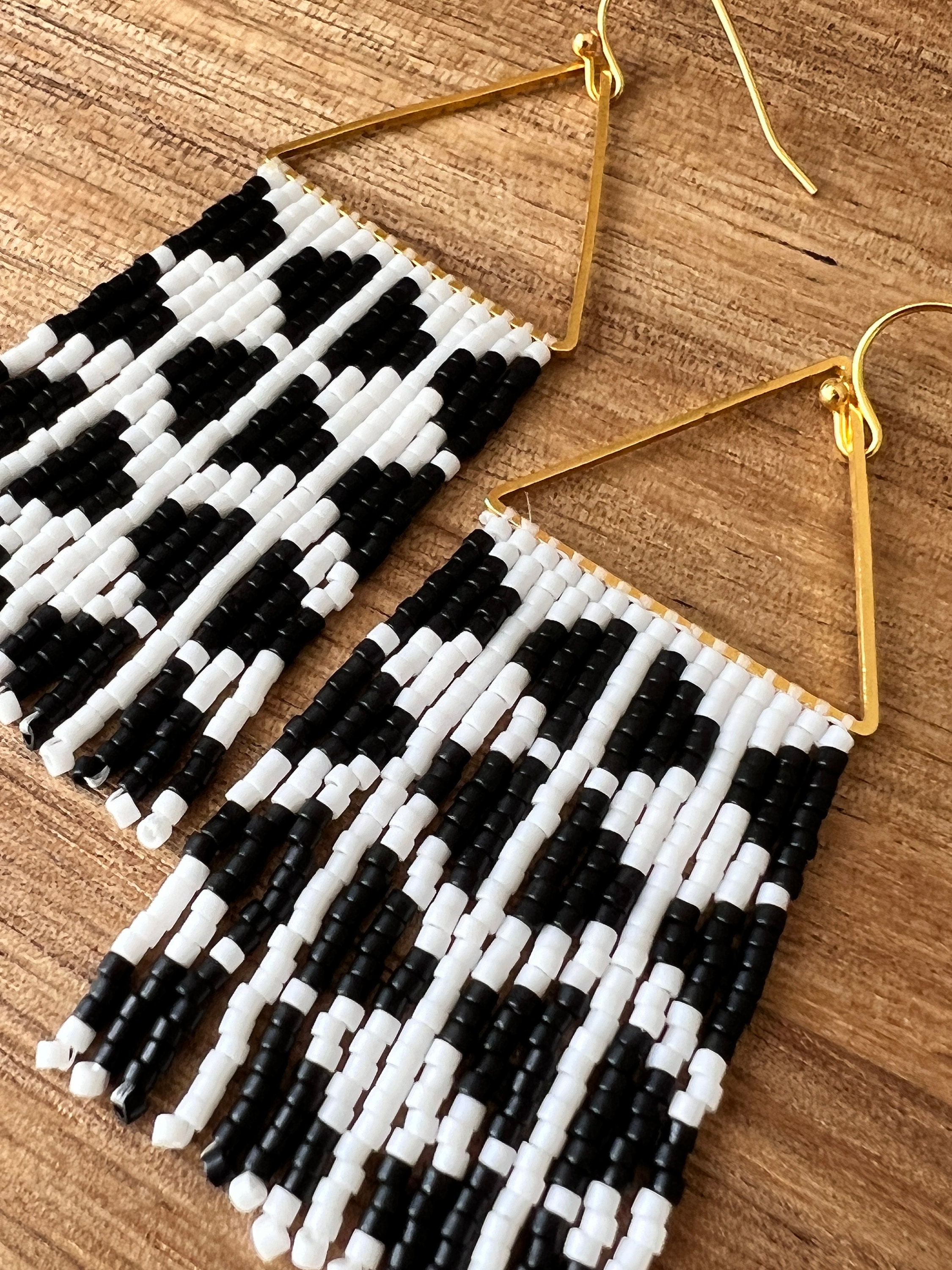 Black and White Seed Bead Dangle Fringe Earrings on Gold Plated ...