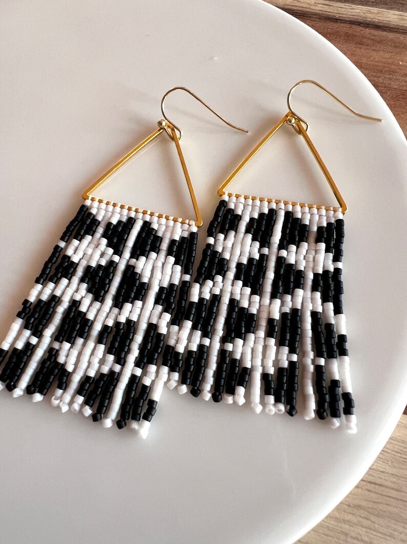 Black and White Seed Bead Dangle Fringe Earrings on Gold Plated ...
