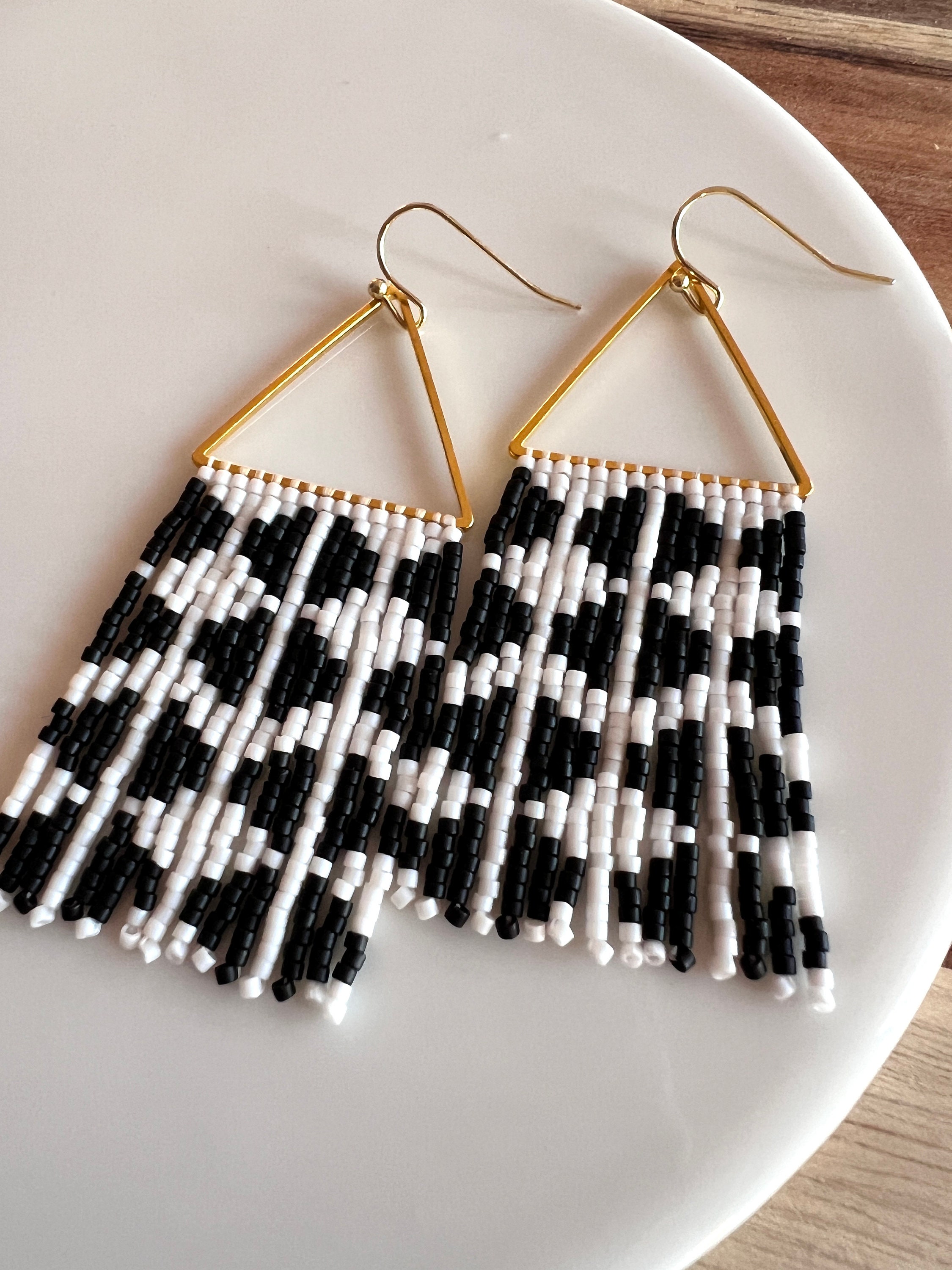 Black and White Seed Bead Dangle Fringe Earrings on Gold Plated ...