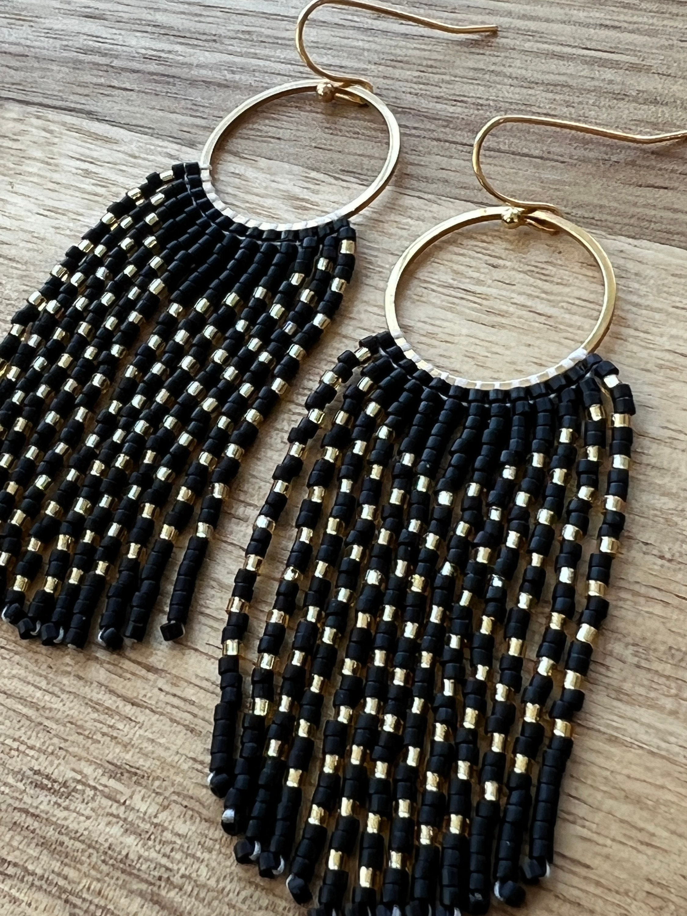 Matte Black and Gold Seed Bead Dangle Fringe Earrings on Gold Plated ...