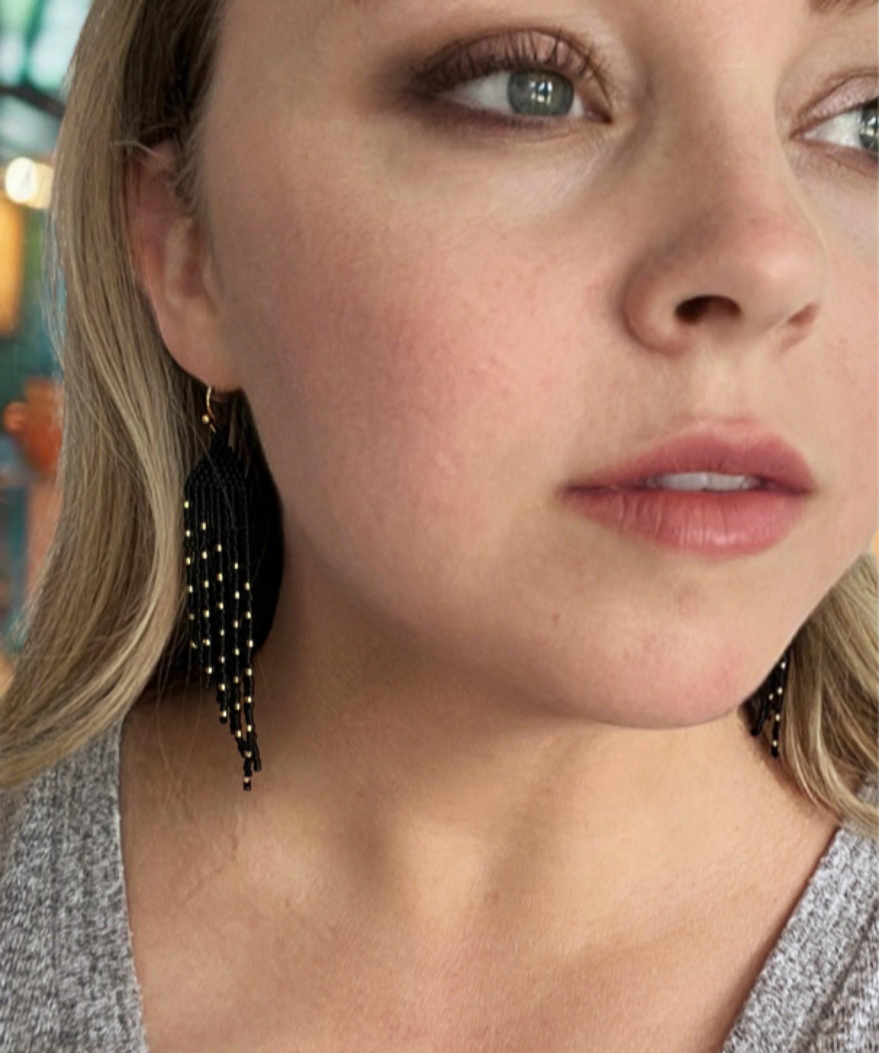 Matte Black and Gold Seed Bead Angled Dangle Fringe Earrings - 9 Cm ...