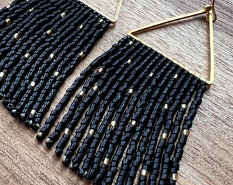 Matte Black and Gold Seed Bead Angled Dangle Fringe Earrings - Etsy