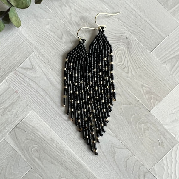 Matte Black and Gold Seed Bead Angled Dangle Fringe Earrings - 9 cm long (approx. 3.5 in.) - Miyuki Japanese Glass Delica Beads