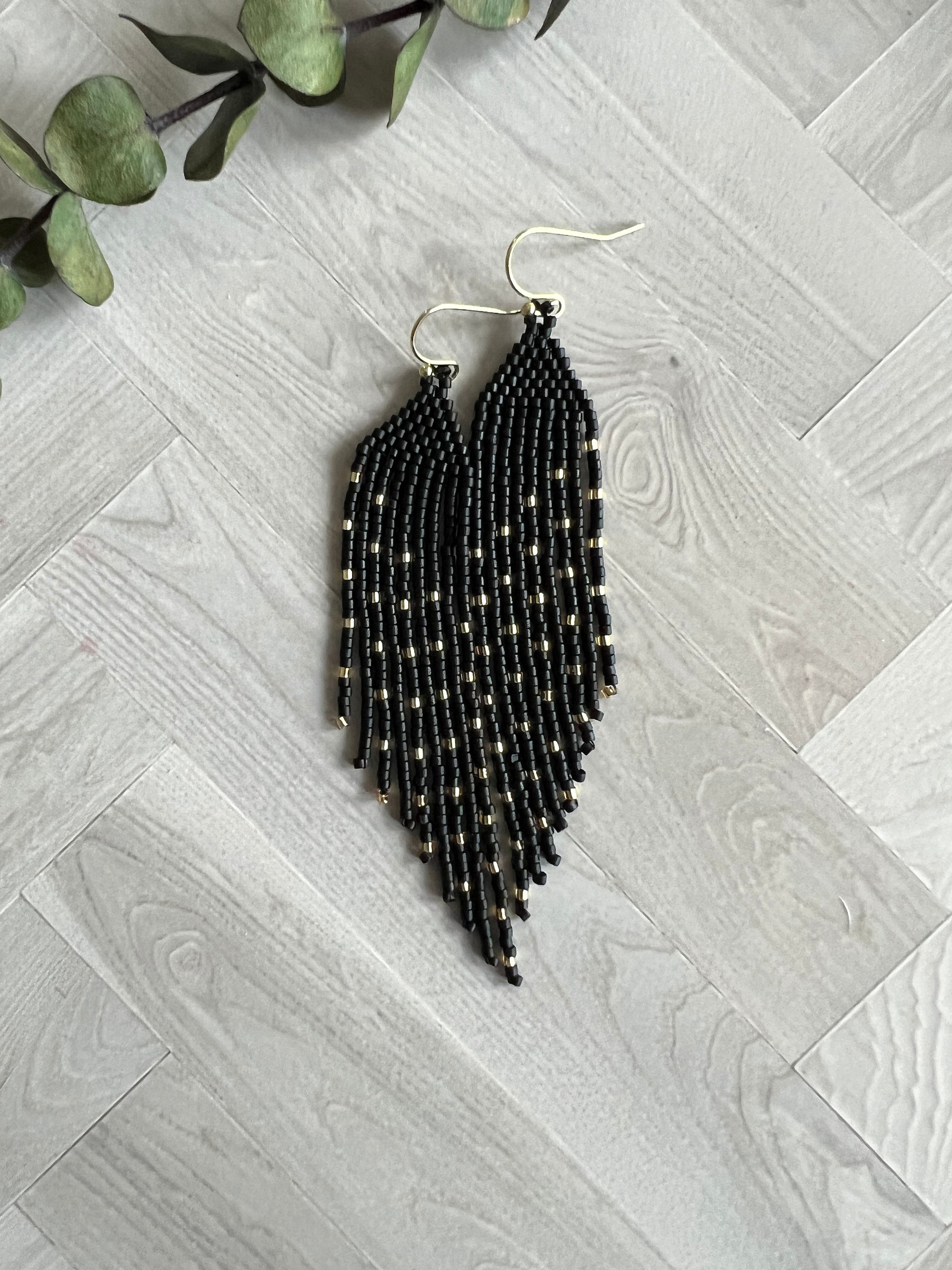 Matte Black and Gold Seed Bead Angled Dangle Fringe Earrings - 9 Cm ...