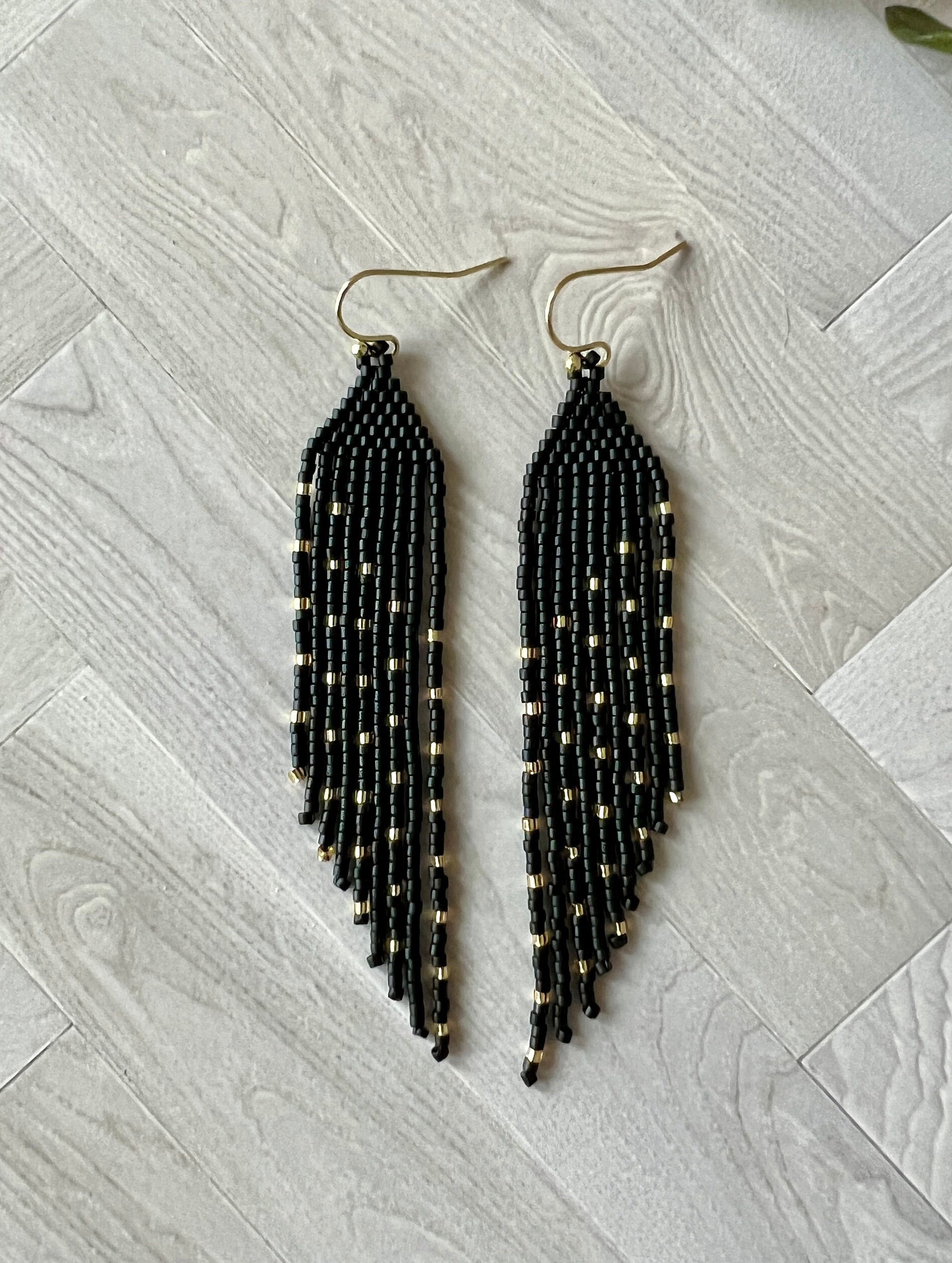 Matte Black and Gold Seed Bead Angled Dangle Fringe Earrings - 9 Cm ...