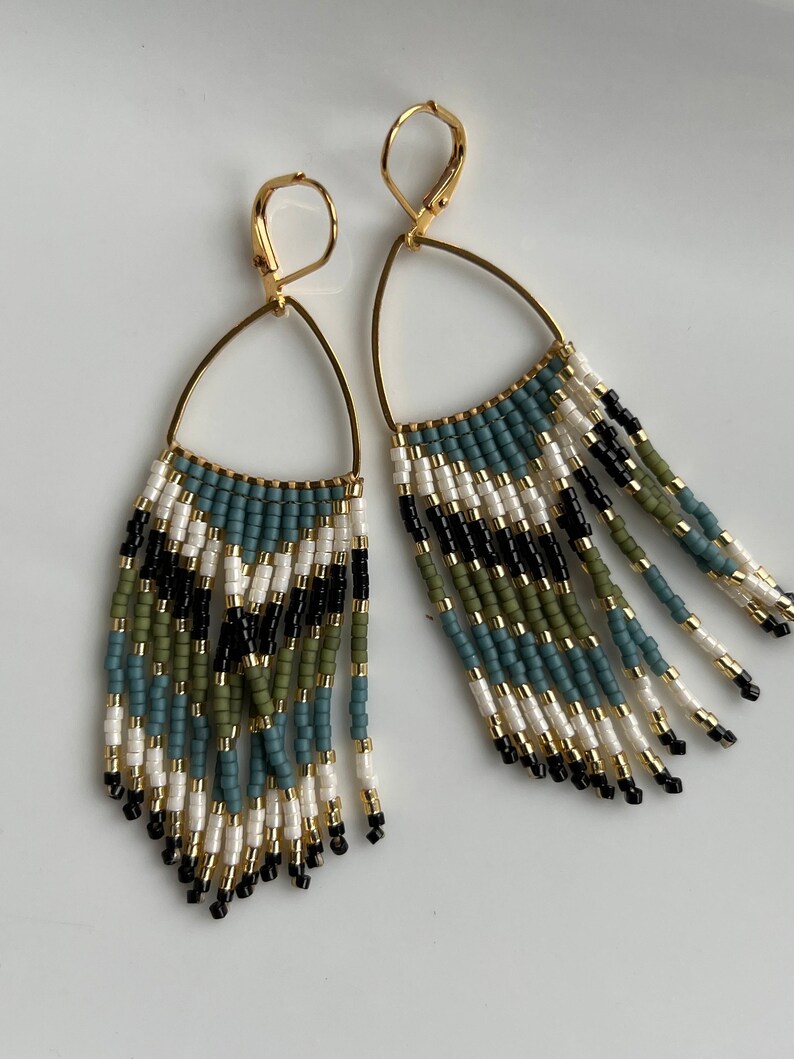 Multicolor Seed Bead Dangle Fringe Earrings on Triangle Form Etsy