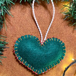 Felt Green Beaded Sparkly Heart Shaped Christmas Ornament