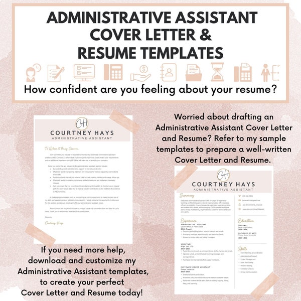 Administrative Assistant Secretary Resume and Cover Letter Template Examples Included  Customizable Instant Download