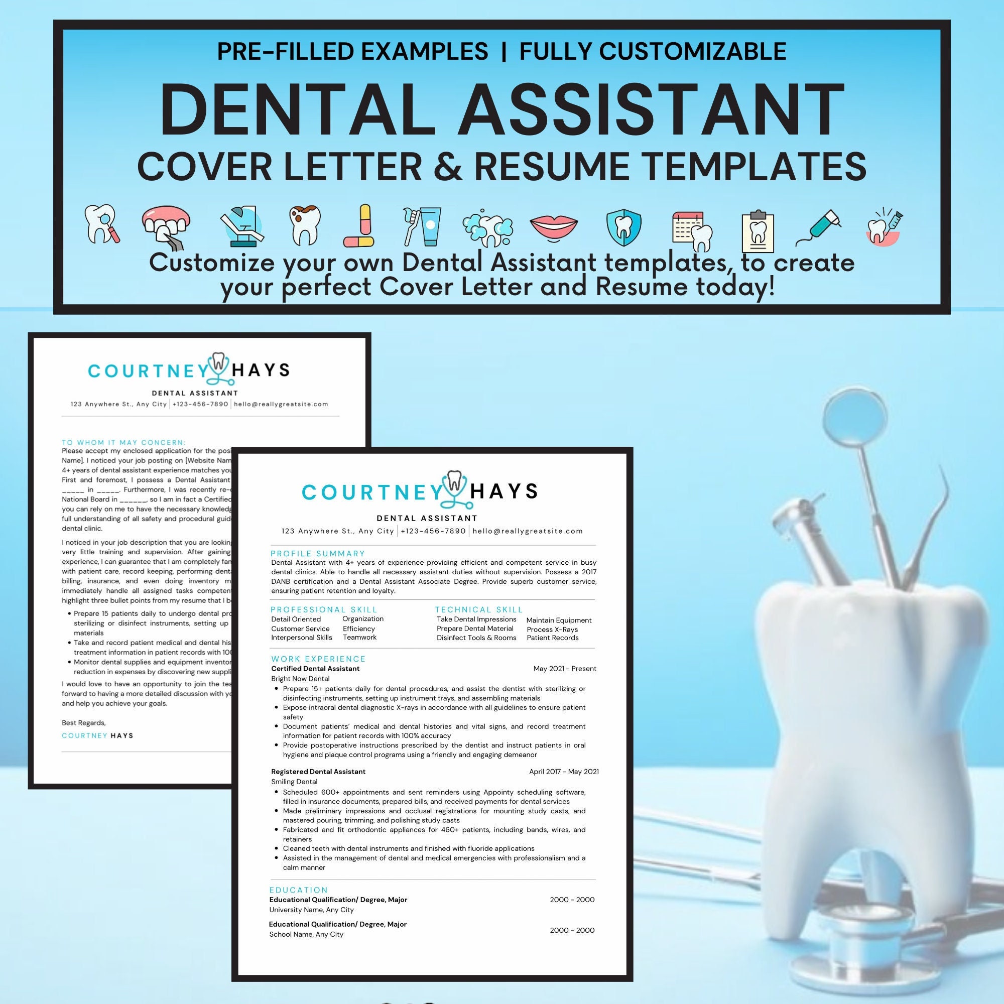 Dental Assistant Resume and Cover Letter Customizable Templates Instant ...
