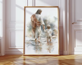 May include: A framed watercolor print depicts a figure in white robes holding the hand of a child, walking through water. The artwork has a soft, ethereal quality with muted tones and a warm wooden frame.
