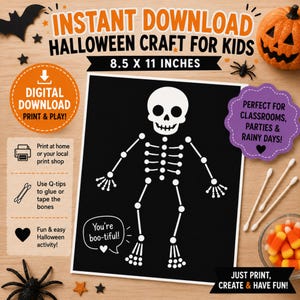 May include: A digital download Halloween craft for children featuring a black sheet with a white skeleton illustration and the text 'You're boo-tiful!'. The 21.6 x 27.9 cm printable includes instructions for using cotton buds to assemble the skeleton bones.