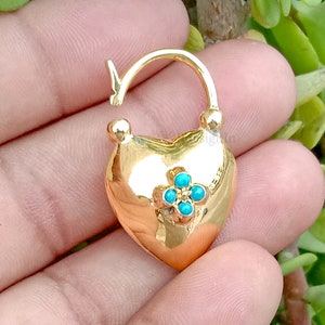14K Yellow Gold Vermeil Heart Padlock, Handmade Padlock, Turquoise Padlock Jewelry, One Side Openable Heart Padlock Jewelry