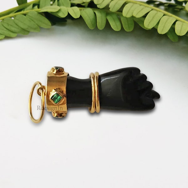 Onyx Hand Figa Charm Pendant Jewelry Lucky Hand Charm Pendant 14K Yellow Gold Vermeil Figa Charm Black Onyx Gemstone Figa  carving hand figa