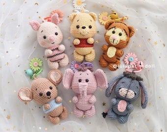 LOT DE MOTIFS 6 EN 1 - Porte-clés au crochet Winnie and Friends, Modèle au crochet Amigurumi