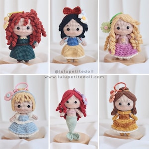 Puede incluir: Conjunto de 6 muñecas de princesa Disney de crochet, cada una con un vestido y cabello de diferente color. Las muñecas miden aproximadamente 10 cm de alto y tienen un estilo lindo y de dibujos animados.  @lulupettitedoll www.lulupettitedoll.com