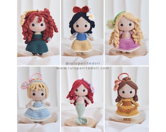 Part 1: Bundle 6 in 1 Miniature Princess Doll Crochet Tutorial, Princess Keychain, Amigurumi Dolls  (Read the description carefully)