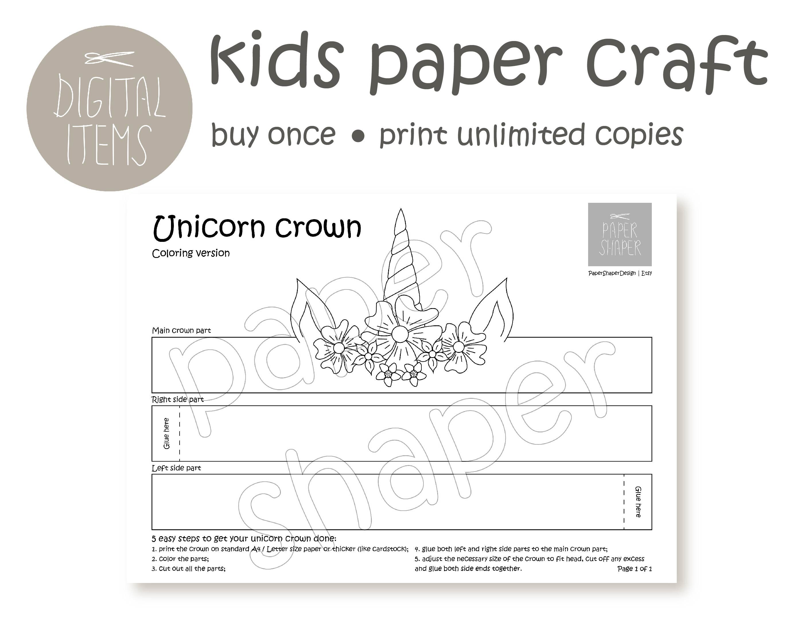 Printable Unicorn Paper Crown Colored &amp; Coloring Pattern Fun Kids Paper ...