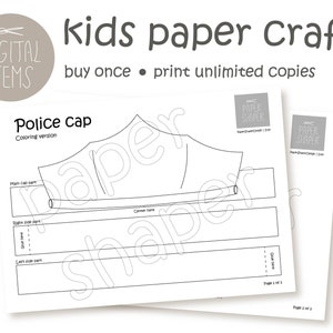 Printable Coloring Police Paper Cap Fun Kids Craft pdf Template Instant Download DIY Party Costume Crown Pattern Great for Birthdays, School image 3