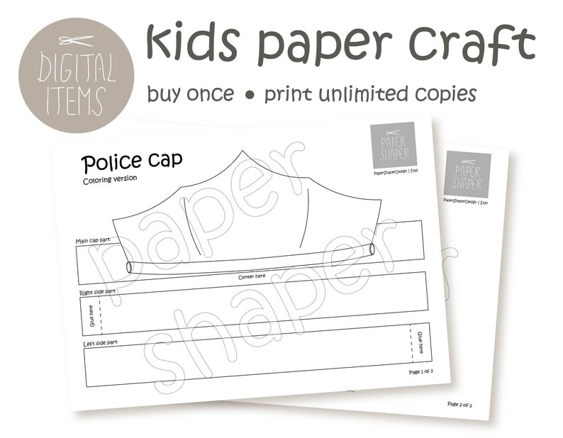 Printable Coloring Police Paper Cap Fun Kids Craft pdf Template Instant Download DIY Party Costume Crown Pattern Great for Birthdays, School image 3