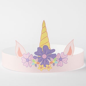 Corona di carta unicorno stampabile PDF colorato Bomboniera per bambini Orecchie e fiori in corno rosa giallo Accessorio per testa di compleanno fai da te Download istantaneo