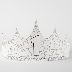 Corona di carta con numeri di compleanno stampabili, modello da colorare per il primo compleanno, accessorio per feste, costume fai da te, download immediato, carino per servizi fotografici per bambini