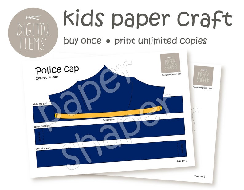 Printable Police Paper Cap Colored Fun Kids Craft pdf Instant Download Pretend Play Party Policeman Costume Great for Birthday Celebration zdjęcie 3