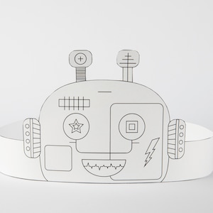 Corona di carta per robot stampabile, decorazioni fai da te per feste, tema di compleanno per ragazzi, modello di faccia di robot da colorare in formato PDF.