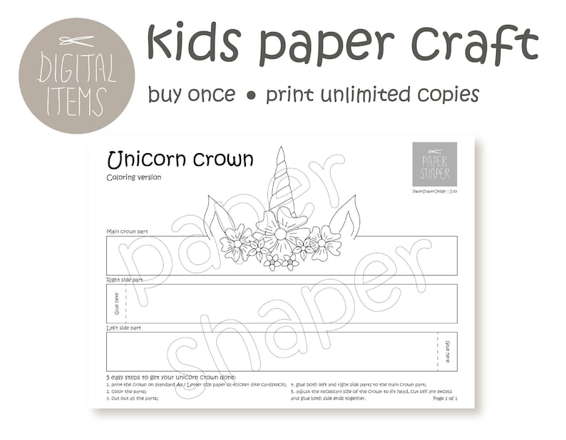 Printable Unicorn Paper Crown Party Coloring Kids Craft Awesome DIY ...