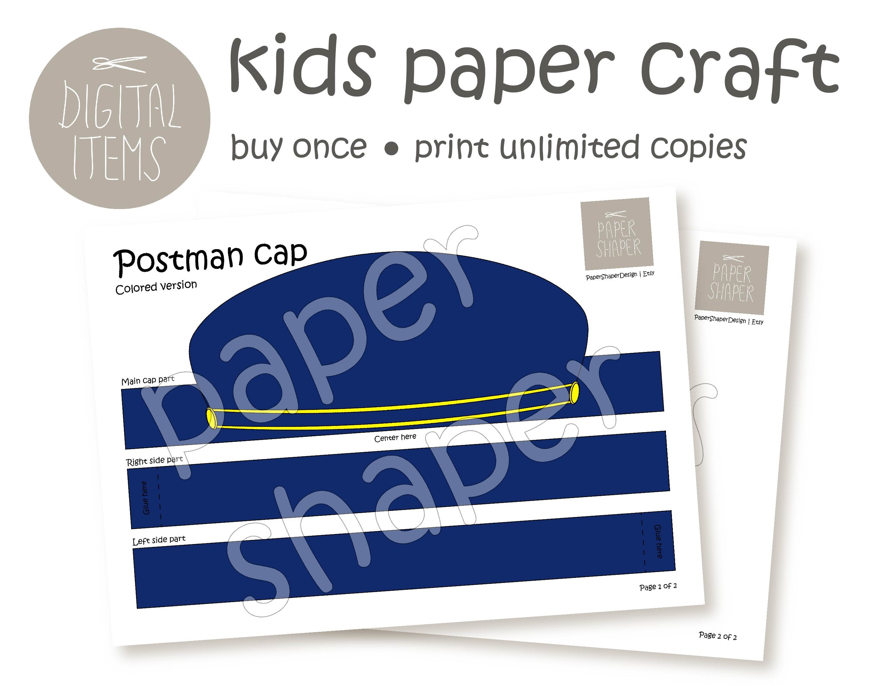 Printable Colored Postman Paper Cap Pdf Template Instant Download Kids
