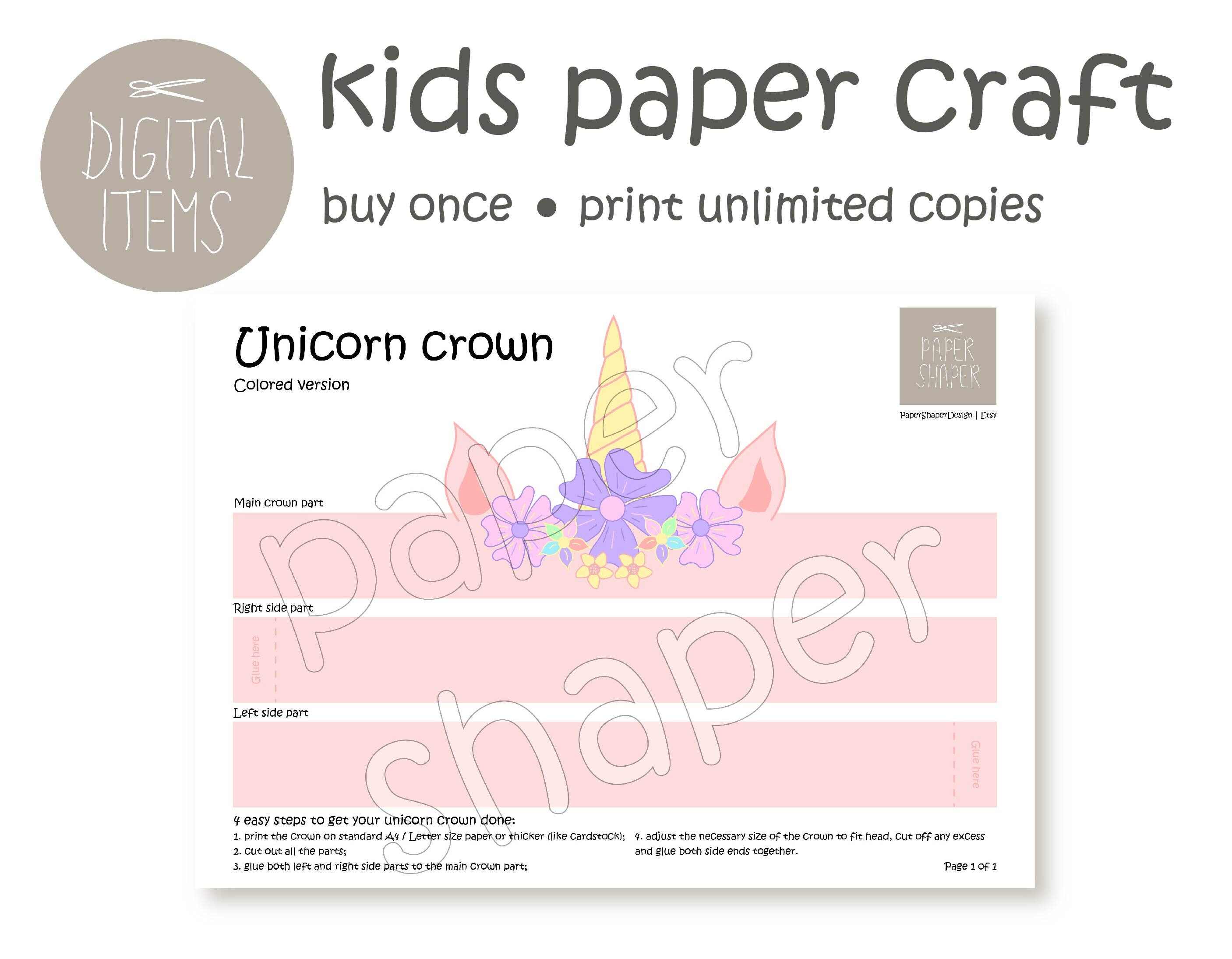 Printable Unicorn Paper Crown Colored &amp; Coloring Pattern Fun Kids Paper ...