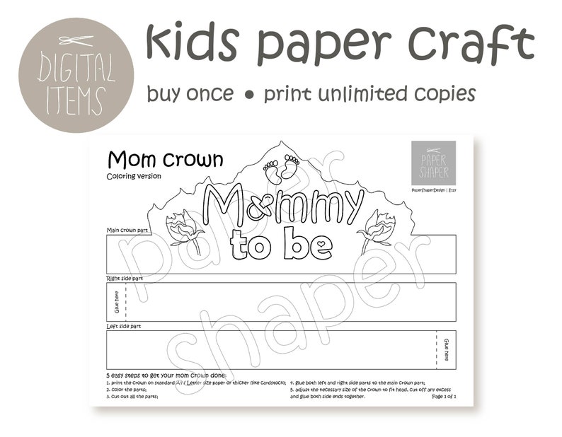 Printable Mommy to be Paper Crown Gorgeous Accessory Baby Shower Cute Maternity Photoshoot Lovely Surprise New Mom Coloring pdf Download zdjęcie 3