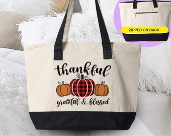 Thankful Grateful & Blessed Tote Bag | Pumpkin Fall Tote | Cute Thanksgiving Tote Bag | Funny Fall Tote Bag