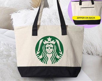 Jason Bucks Coffee Horror Tote Bag | Cute Horror Movie Halloween Tote |  Tote Bag | Funny Halloween Tote Bag