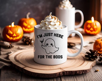 I'm Just Here For The Boos Coffee Mug | Cute Halloween Pun Coffee Mug | Ghost Halloween Coffee Cup | Funny Halloween Coffee