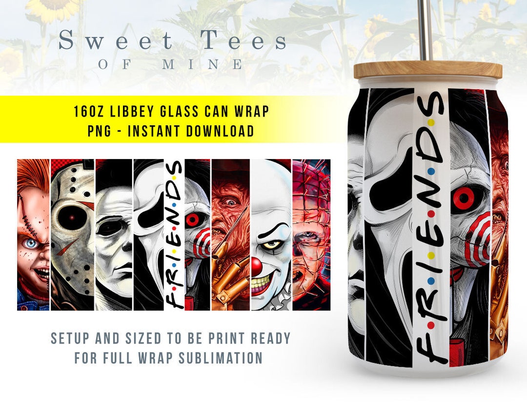 Horror Movie Icons 16 Oz Glass Can Wrap PNG | Halloween Libbey Glass ...