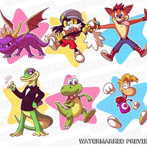Puede incluir: Una ilustración digital de nueve personajes populares de videojuegos. Los personajes están representados en un estilo de dibujos animados y se colocan sobre un fondo de estrellas de colores. Los personajes incluyen a Spyro el Dragón, Crash Bandicoot, Rayman, Conker la Ardilla, y otros.