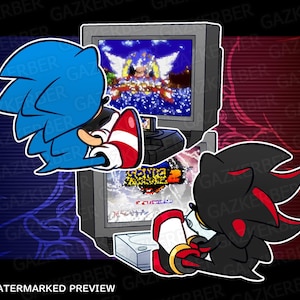 May include: A digital illustration featuring Sonic the Hedgehog and Shadow the Hedgehog, each leaning against a retro TV displaying a video game. The TV shows a Sega Genesis game and a Dreamcast console is at the bottom. The background is split between blue and red.