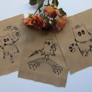 Screenprinted sew-on fabric ghost cat patches