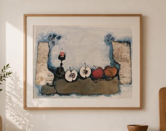 Rosina Wachtmeister Silver Lithograph, Apple Still Life Print, 1990s Verkerke Art Gallery, Modernist Kitchen Wall Art Decor