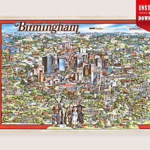 Puede incluir: Una impresión enmarcada de Birmingham, Alabama, con un mapa ilustrado detallado de la ciudad. La obra de arte incluye el horizonte de la ciudad, los puntos de referencia y un borde rojo. La palabra "Birmingham" está en la parte superior.