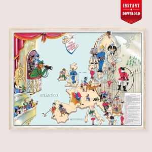 May include: A framed vintage map of Europe with cartoon illustrations of people and landmarks. The map is in a light blue color with the words "ATLANTICO" and "MEDITERRANEO" on it. A red banner in the top right corner says "INSTANT DOWNLOAD".