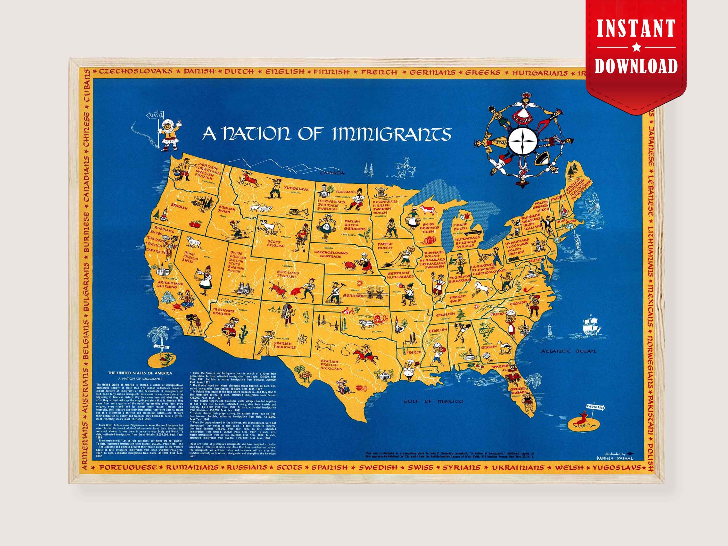 USA Map Ethnic Poster Download Nation of Immigrants Pictorial Map of 